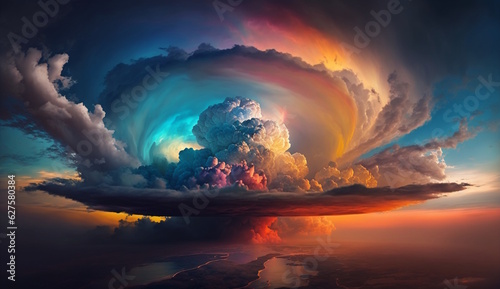 Vivid Cumulonimbus Clouds Amidst a Rainbow, Artistic Sunset Vista, High-Definition Panorama, Aerial Overlook of Earth, Wide Vision, Breathtaking Scenery. Generative AI