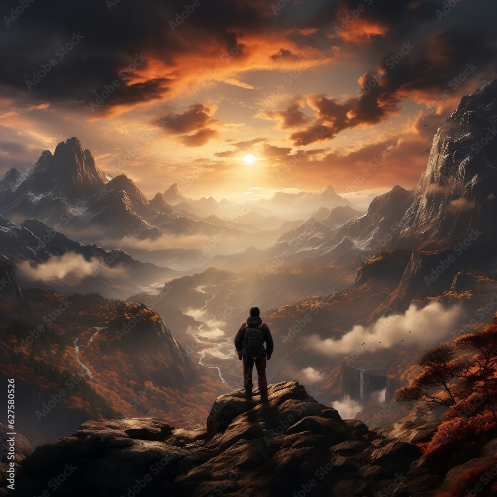 A hiker standing on a mountain peak, with a breathtaking sunset sky as the backdrop generative ai