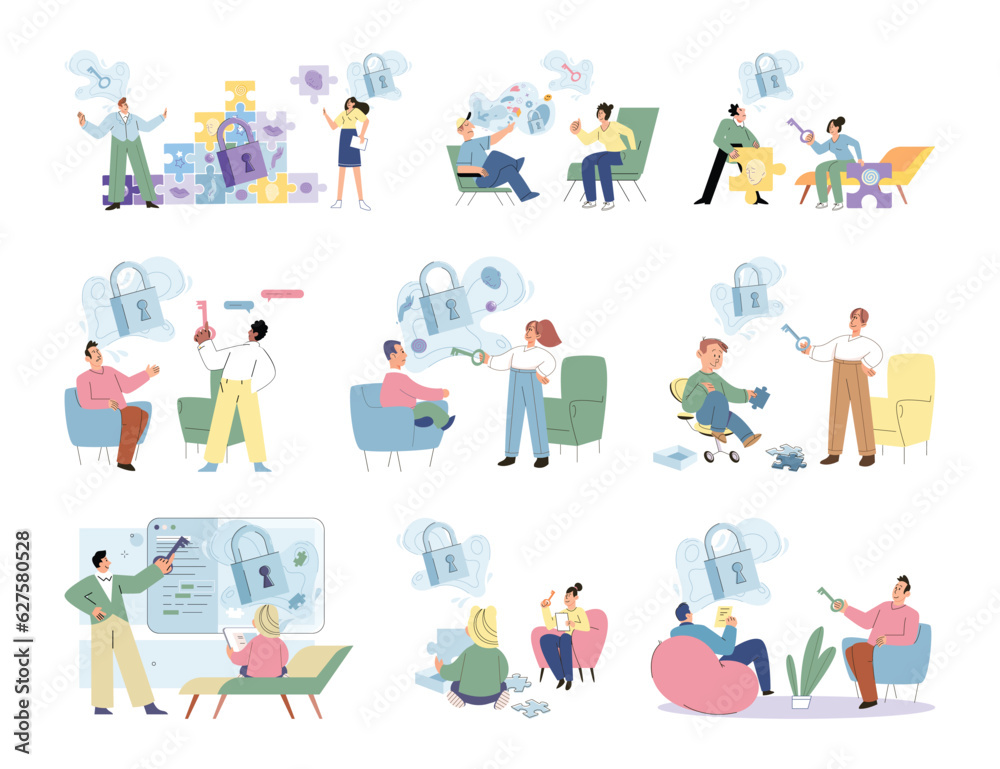 Fototapeta premium Psychotherapy session. Helping unravels the tangle of messy thoughts with mental disorder, anxiety and confusion mind or stress. Teenage, couple, individual and group psychology set. Therapy sessions