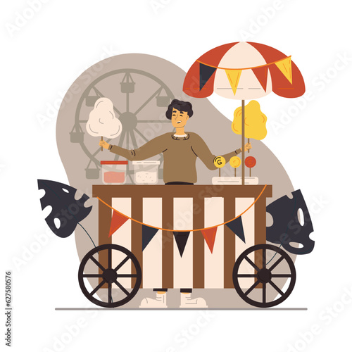 Smiling man working in park, selling cotton candy and sweets. Seller working outside, sell street food from truck. Street food trading concept. Flat vector illustration in cartoon style