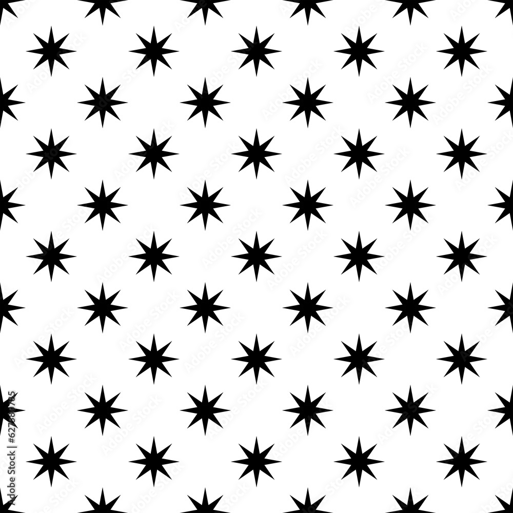 Abstract seamless pattern, minimalistic background of horizontal and vertical rows of black octagonal stars. Print for textiles, wrapping paper