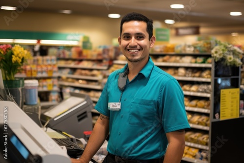 Smiling, young and attractive salesman, cashier serving customers.
