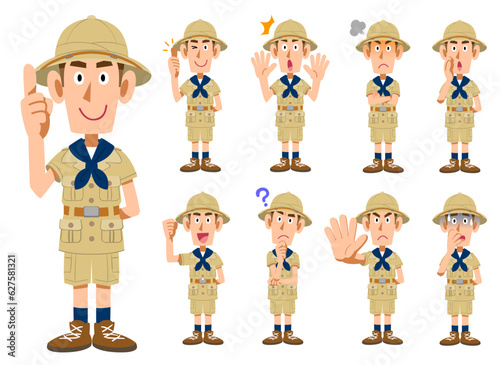 探検家の服を着た男性の9種類の仕草と表情
