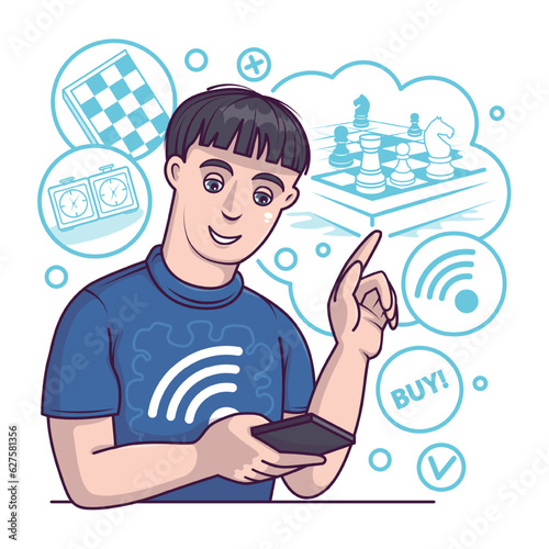 Male ordering chess via smartphone. Advantageous shopping day concept. Mobile online shopping. Modern technology and lifestyle. Flat vector illustration in blue colors