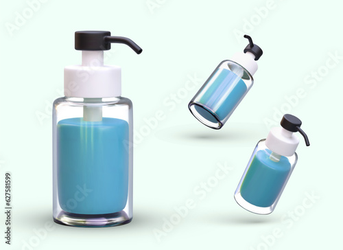 Collection of 3D bottles with dispensers and blue liquid. Cosmetic soap for washing. Hand sanitizer with pomp. Skin care product. Cream in convenient packaging, without labels