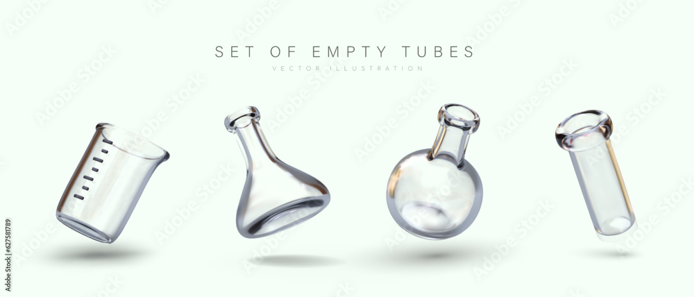 Set of glassware for laboratory research, analyzes. Empty glass containers of various sizes and shapes. Classic laboratory equipment. Glowing vector illustration - obrazy, fototapety, plakaty 