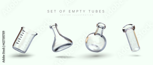 Set of glassware for laboratory research, analyzes. Empty glass containers of various sizes and shapes. Classic laboratory equipment. Glowing vector illustration