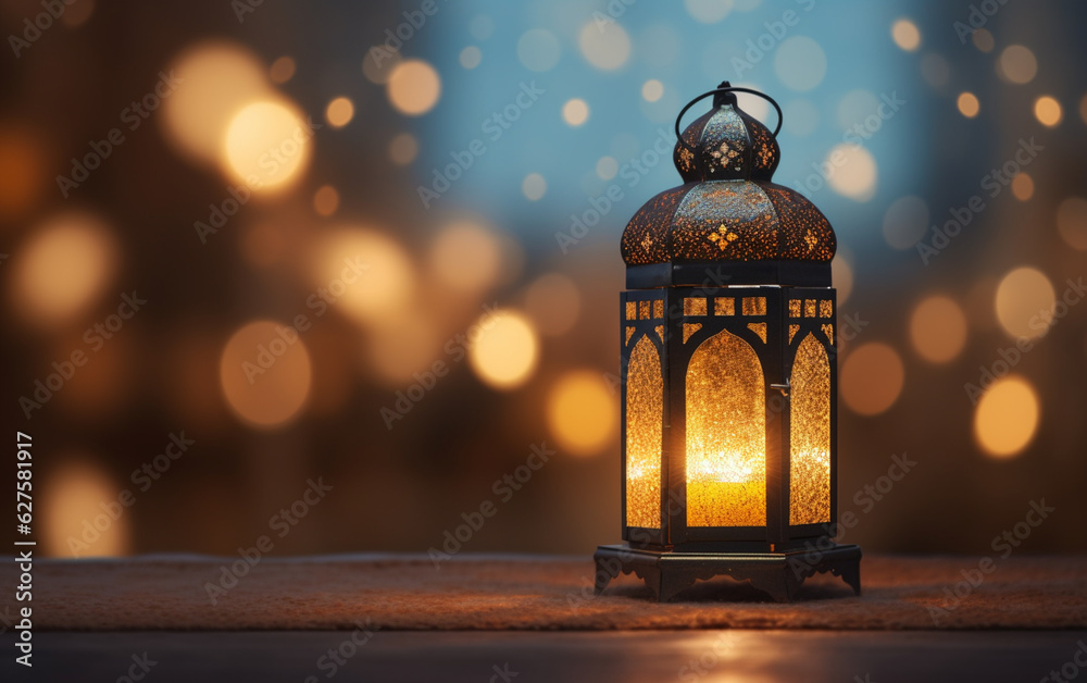 Side view of Ramadan lantern with side empty space with fuzzy bright lights in the background Side view of Ramadan lantern with side empty space with fuzzy bright lights in the background