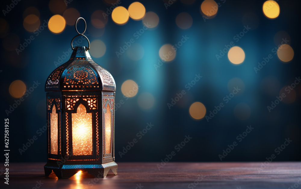 Side view of Ramadan lantern with side empty space with fuzzy bright lights in the background Side view of Ramadan lantern with side empty space with fuzzy bright lights in the background