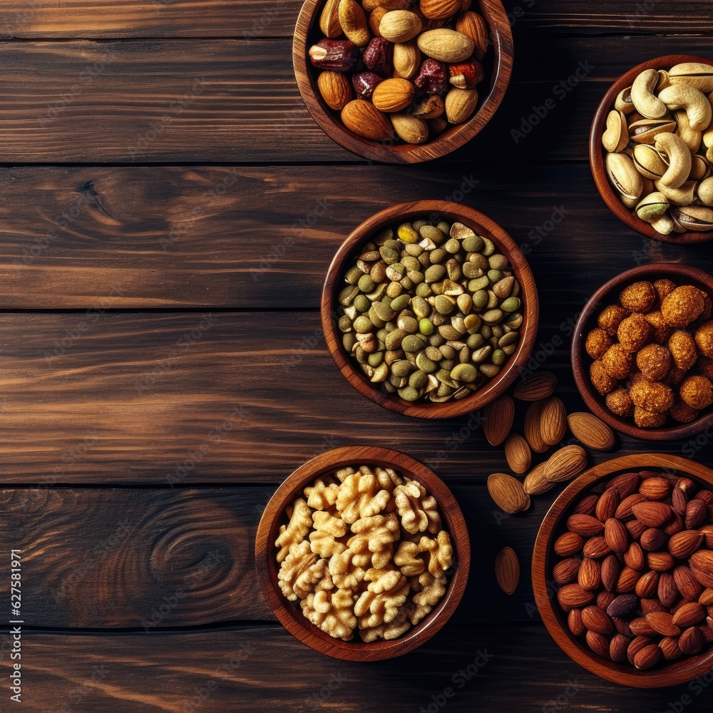 Nuts in bowls. Cashews, hazelnuts, walnuts, pistachios, pecans, pine nuts, peanuts, almonds. Nuts in bowls. Cashews, hazelnuts, walnuts, pistachios, pecans, pine nuts, peanuts, almonds.