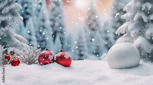 Beautiful Festive Christmas snowy background. Christmas tree decorated with red balls and knitted toys in forest in snowdrifts in snowfall outdoors, banner format, copy space. Generative ai