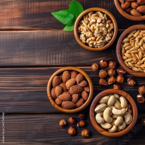 Nuts in bowls. Cashews, hazelnuts, walnuts, pistachios, pecans, pine nuts, peanuts, almonds. 
