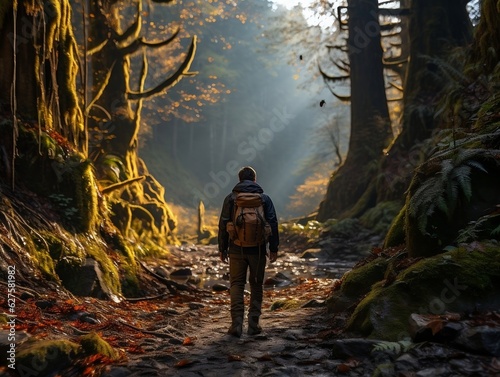A backpacker hiking through a dense forest, sunlight streaming through the trees generative ai