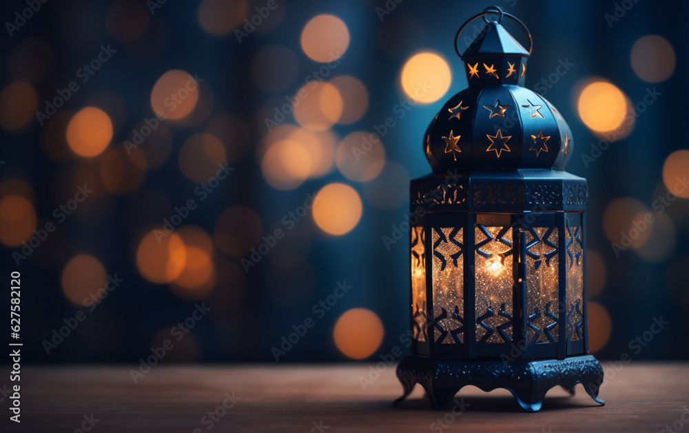 Side view of Ramadan lantern with side empty space with fuzzy bright lights in the background