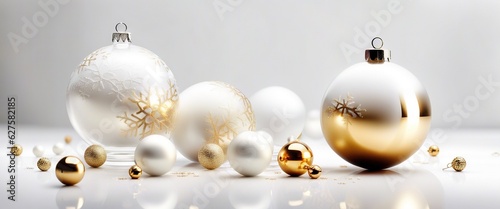 Golden and white Christmas balls on a white background. Festive xmas decoration gold bauble and bright snowflake.