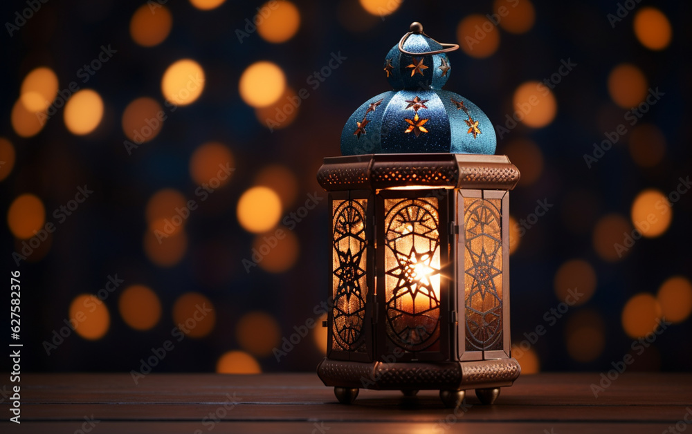 Side view of Ramadan lantern with side empty space with fuzzy bright lights in the background Side view of Ramadan lantern with side empty space with fuzzy bright lights in the background