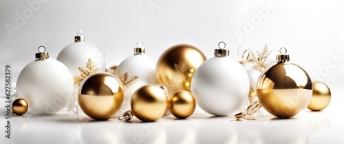 Winter holiday wallpaper. Festive white and gold Christmas ornaments and baubles. White Christmas decoration on white