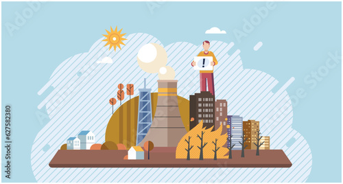 Climate change cycle as dried or dry cracked land suffering from drought. Industries create pollution and cities that affected by pollution. Metaphor climate change, global warming and water crisis
