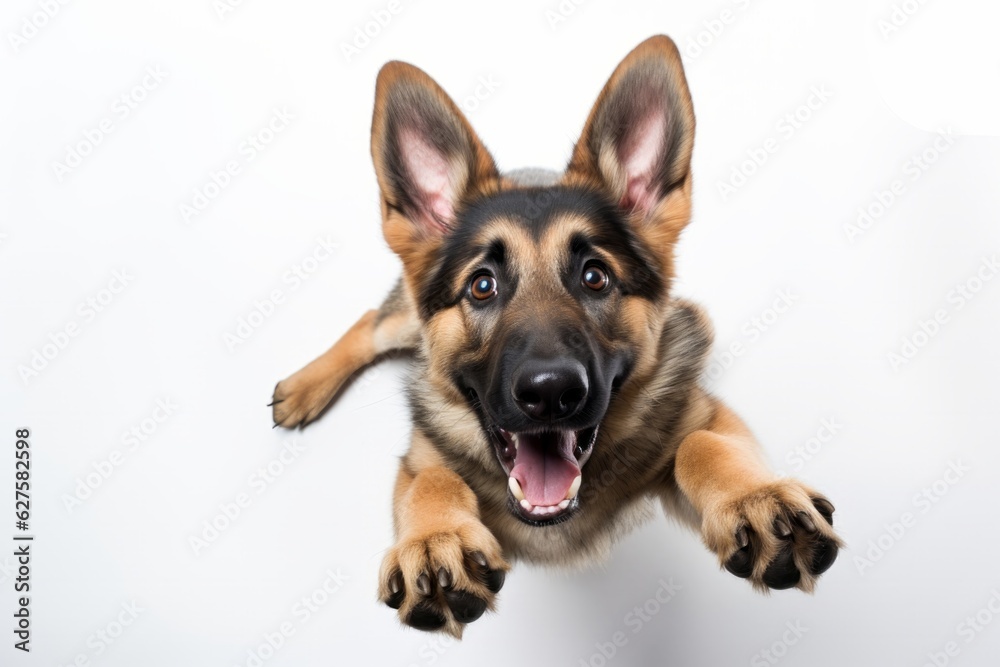 Cute Dog Portraying Emotive Faces, Playful German Shepherd on White, Captured through Unique Aerial Photography Techniques, generative ai