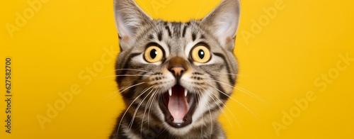 Bengal Kitten or Cat on Yellow Background, Energetic Expressions and Big Mouth Captured with Photo Realistic Techniques, generative ai © Phanida
