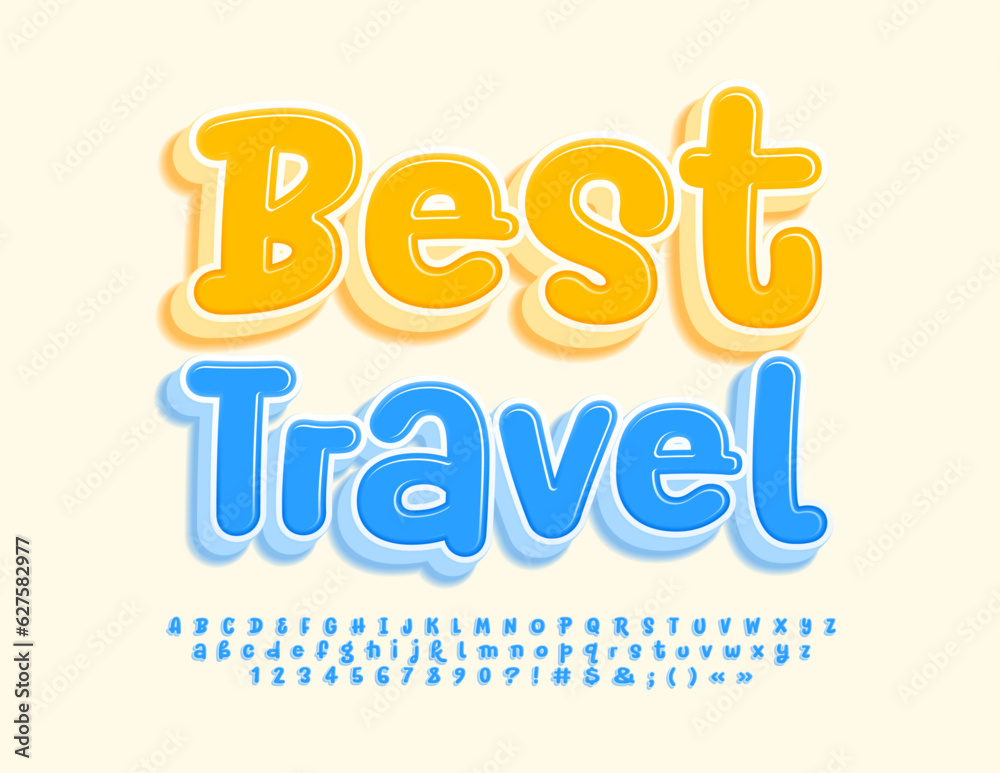 Fototapeta premium Vector funny flyer Best Travel. Blue handwritten Font. Playful 3D Alphabet Letters and Numbers