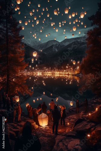 Enchanting Sky Lantern Festival, Spectators Releasing Lanterns into Starlit Night Sky on Mountain. Generative AI