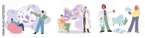 Psychologist and patient with tangled and untangled mind metaphor, doctor solving psychological problems couch consultation, mental health. Online ai therapy. Mental therapy sessions game. Life puzzle