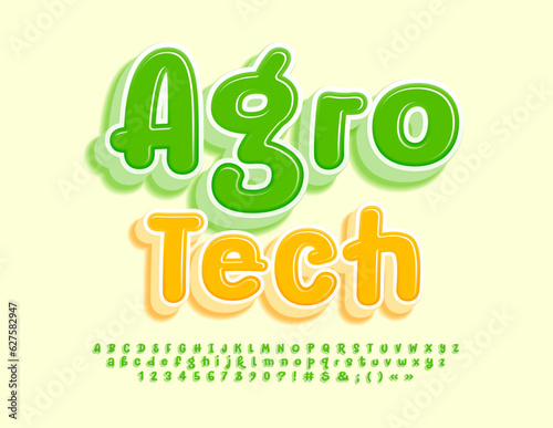 Vector creative concept Agro Tech. 3D handwritten Font. Green Alphabet Letters, Numbers an Symbols set