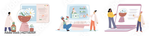 Natural herbal medication researches in laboratory. Traditional medicine concept. Scientist doctors characters make drugs of medical plants, herbal ingredients, extracts, preparing homeopathic recipes