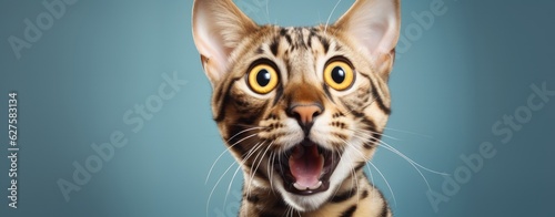 Bengal Kitten or Cat on Yellow Background, Energetic Expressions and Big Mouth Captured with Photo Realistic Techniques, generative ai