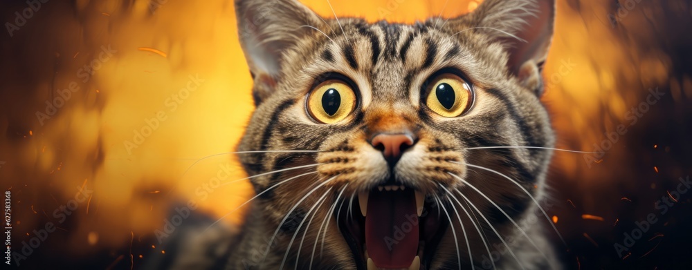 Bengal Kitten or Cat on Yellow Background, Energetic Expressions and Big Mouth Captured with Photo Realistic Techniques, generative ai Bengal Kitten or Cat on Yellow Background, Energetic Expressions and Big Mouth Captured with Photo Realistic Techniques, generative ai