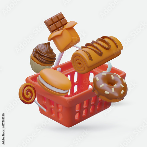 Web poster with realistic 3d shopping basket with sweets. Promotion banner for market, shopping time concept. Buying chocolate, muffins, donuts, lollipop, sweet rolls. Vector illustration