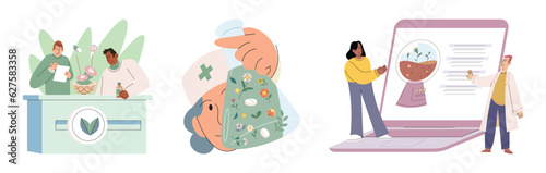 Natural herbal medication researches in laboratory. Traditional medicine concept. Scientist doctors characters make drugs of medical plants, herbal ingredients, extracts, preparing homeopathic recipes