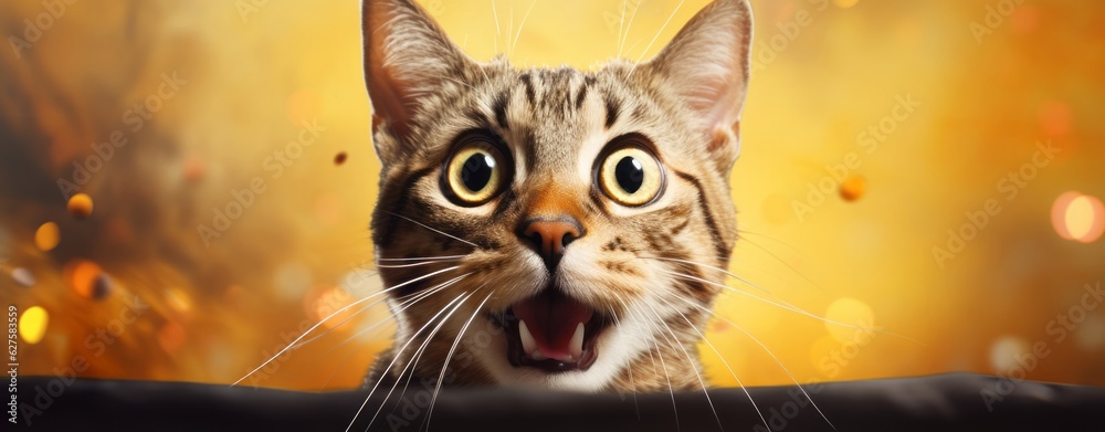 Bengal Kitten or Cat on Yellow Background, Energetic Expressions and Big Mouth Captured with Photo Realistic Techniques, generative ai Bengal Kitten or Cat on Yellow Background, Energetic Expressions and Big Mouth Captured with Photo Realistic Techniques, generative ai