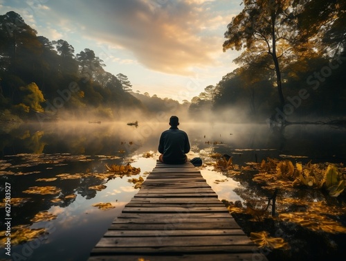 A traveler sitting on a dock, watching a sunrise over a calm lake generative ai