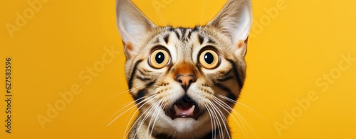 Bengal Kitten or Cat on Yellow Background  Energetic Expressions and Big Mouth Captured with Photo Realistic Techniques  generative ai