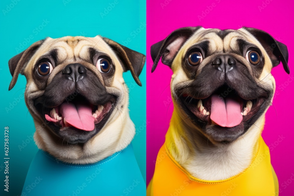 Fototapeta premium Cute Dog Photos Against a Colorful Background, Showcasing Expressive Faces and Emotional Expressions in a Low-Angle Shot, generative ai