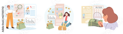 People analysis budget. Calculate financial plan of save income and expense management. Budget planning, records management. Plan, review, approve, allocate, woman analyze and optimize budgets