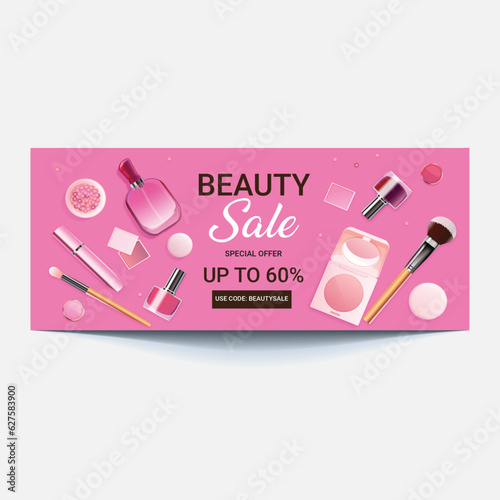 Beauty make up banner template. Cosmetic products on wavy background in nude skin tone colours. Advertising poster design for beauty store, blog, offers and promotion. Vector illustration.