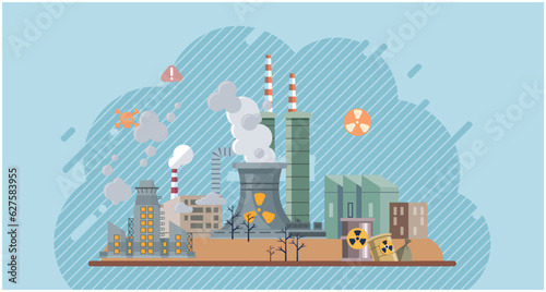 Climate change cycle as dried or dry cracked land suffering from drought. Industries create pollution and cities that affected by pollution. Metaphor climate change, global warming and water crisis