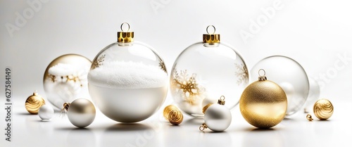 Winter holiday wallpaper. Festive white and gold Christmas ornaments and baubles. Empty glass snow ball White Christmas