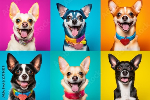 Cute Dog Photos Against a Colorful Background, Showcasing Expressive Faces and Emotional Expressions in a Low-Angle Shot, generative ai