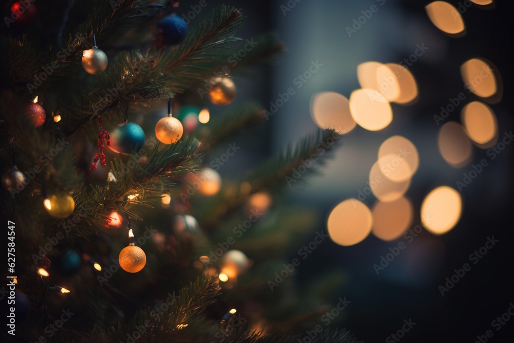 Christmas Tree with Glowing Ornaments, Twinkling Lights, and Golden Star, Capturing the Joyful Warmth of the Holiday Season. Generative AI