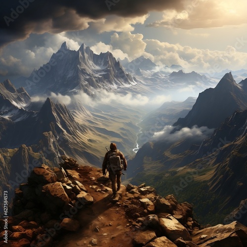 An adventurer climbing a rocky mountain peak, with a breathtaking view of valleys below generative ai
