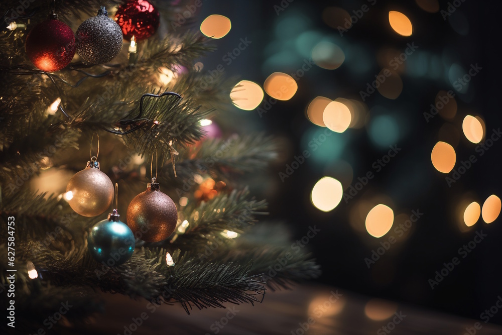 Obraz premium Christmas Tree with Glowing Ornaments, Twinkling Lights, and Golden Star, Capturing the Joyful Warmth of the Holiday Season. Generative AI