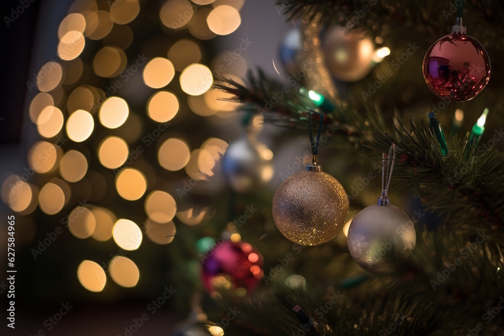 Christmas Tree with Glowing Ornaments, Twinkling Lights, and Golden Star, Capturing the Joyful Warmth of the Holiday Season. Generative AI Christmas Tree with Glowing Ornaments, Twinkling Lights, and Golden Star, Capturing the Joyful Warmth of the Holiday Season. Generative AI
