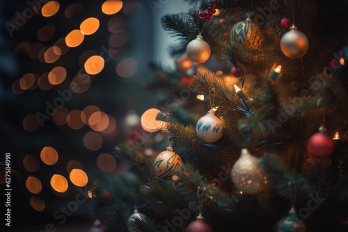 Christmas Tree with Glowing Ornaments, Twinkling Lights, and Golden Star, Capturing the Joyful Warmth of the Holiday Season. Generative AI