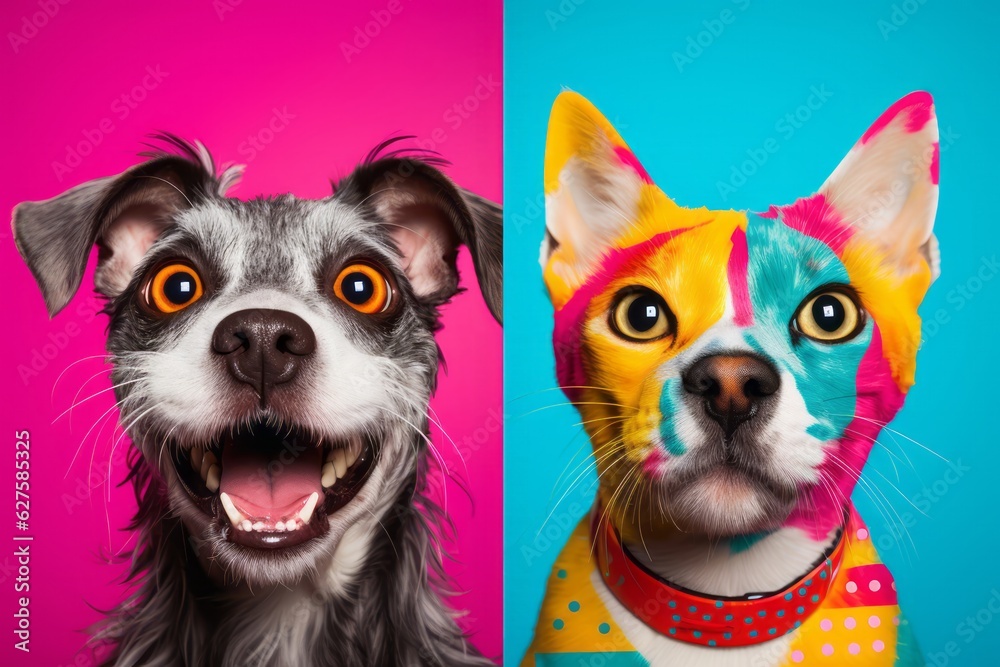 Cute Dog Photos Against a Colorful Background, Showcasing Expressive Faces and Emotional Expressions in a Low-Angle Shot, generative ai