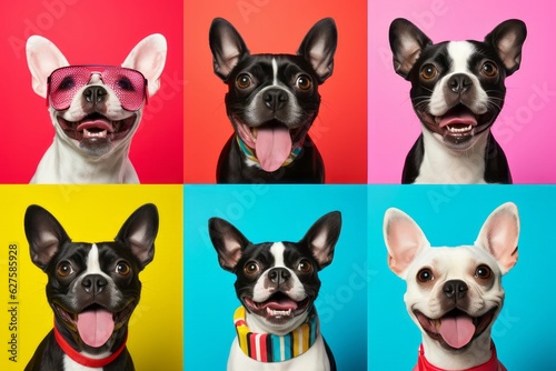 Cute Dog Photos Against a Colorful Background, Showcasing Expressive Faces and Emotional Expressions in a Low-Angle Shot, generative ai © Phanida
