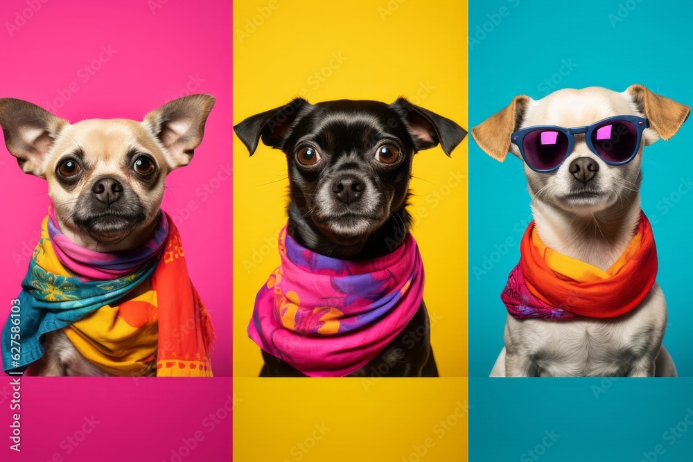 Fototapeta premium Cute Dog Photos Against a Colorful Background, Showcasing Expressive Faces and Emotional Expressions in a Low-Angle Shot, generative ai